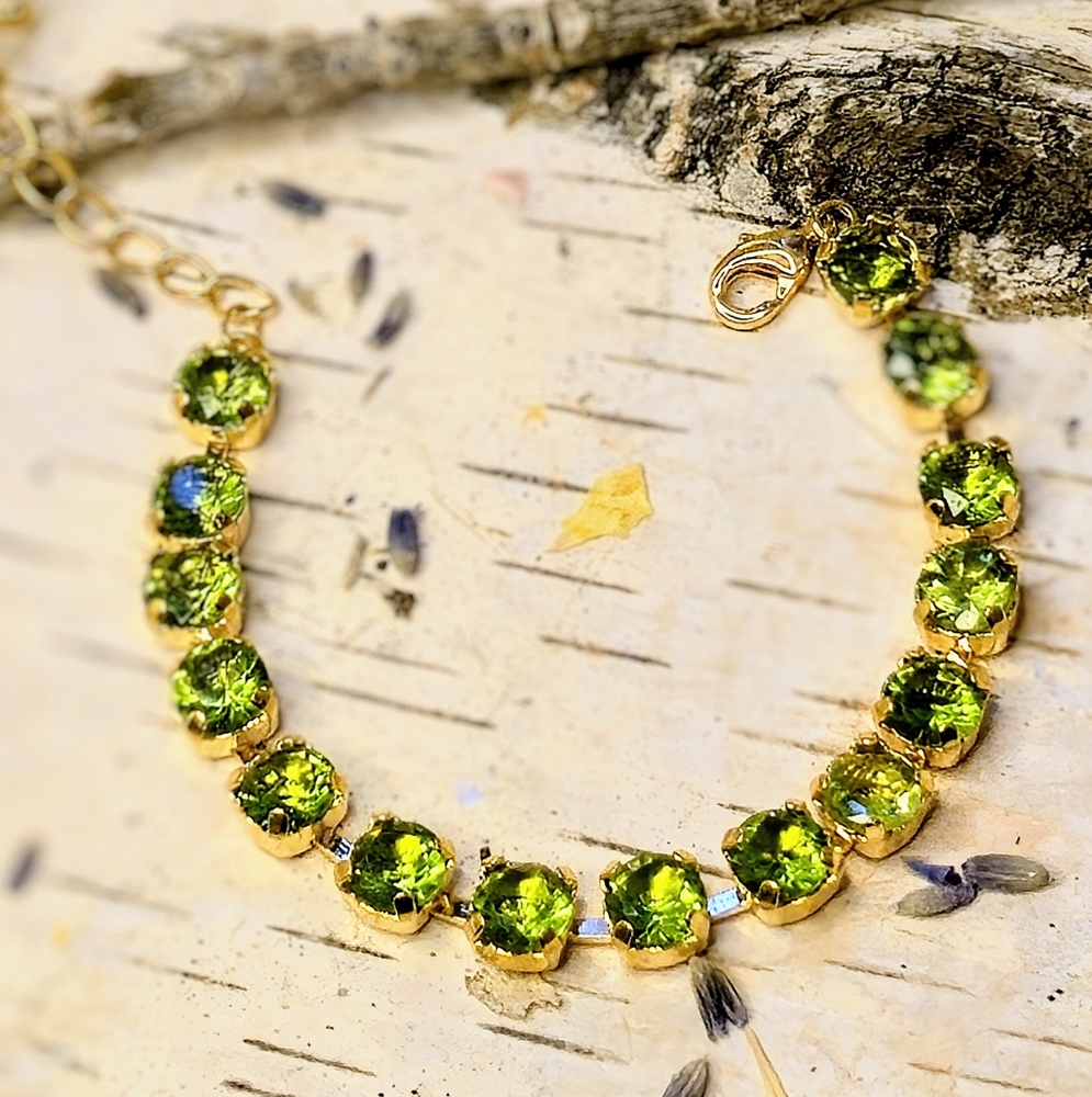 Natural Green Peridot 12.75  Total Carats In Classic Gold Plated Tennis Bracelet